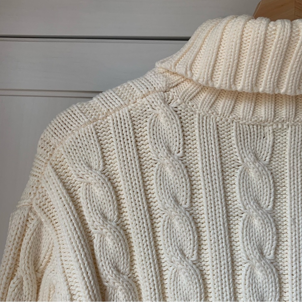 Vintage 90s Lands' End Cream Cotton Cable Knit Turtleneck Sweater Made in Japan - Picture 3 of 6